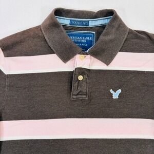 American Eagle Outfitters Mens M Brown Pink Striped Eagle Polo Shirt Classic Y2K